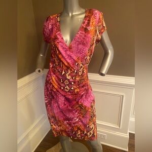 Vintage Cache Pink and Orange Snake Print Faux Wrap Dress size Large